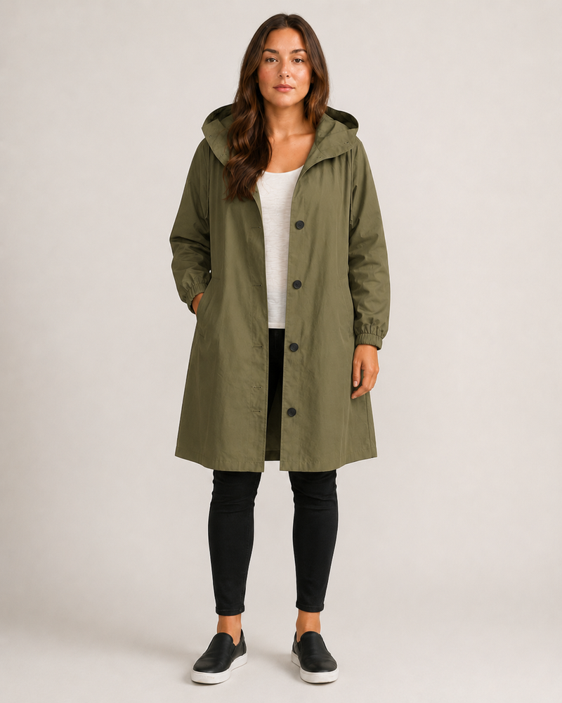 Hooded Rain Coat for Women with Button Front and Side Pockets in Olive, front view