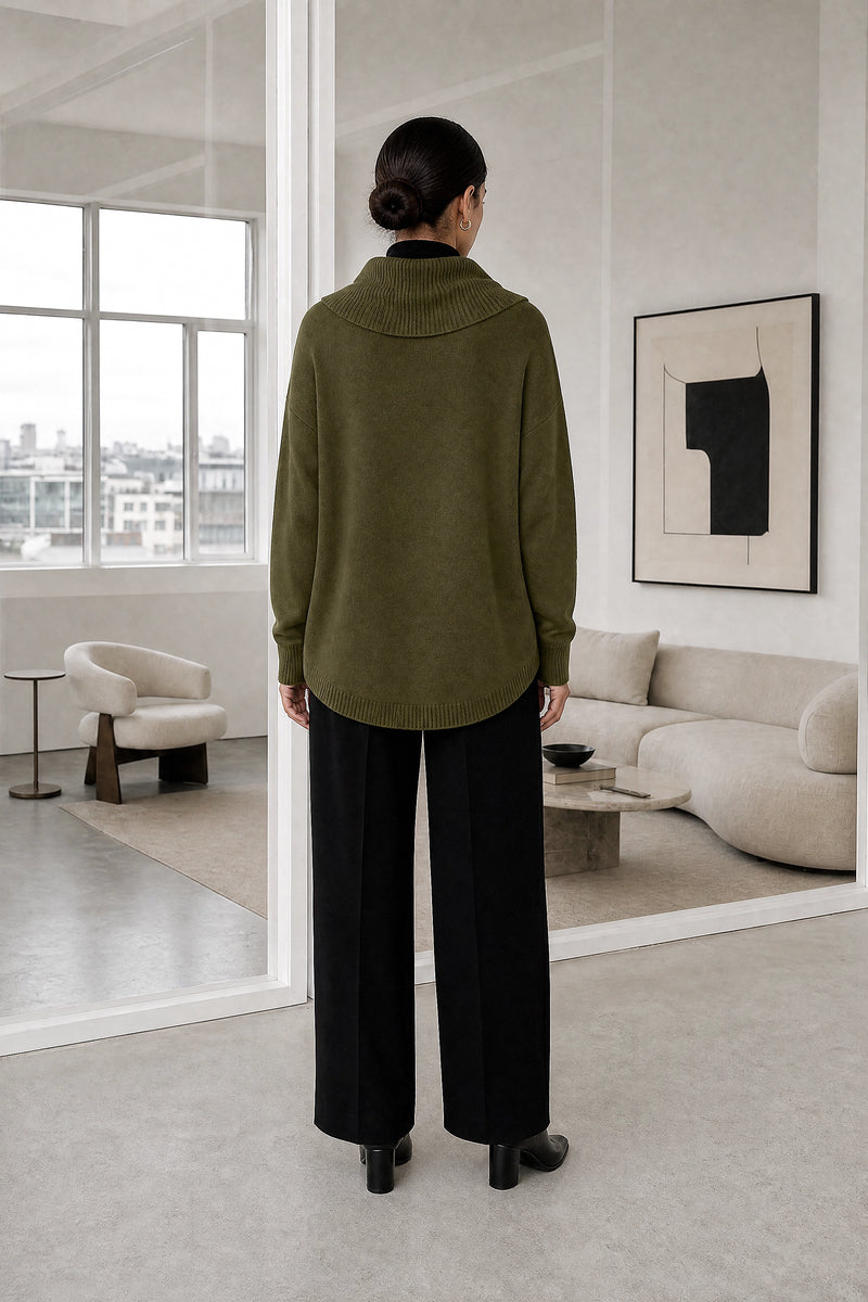 Daria | Cowl Neck Sweater in Army Green, studio back view