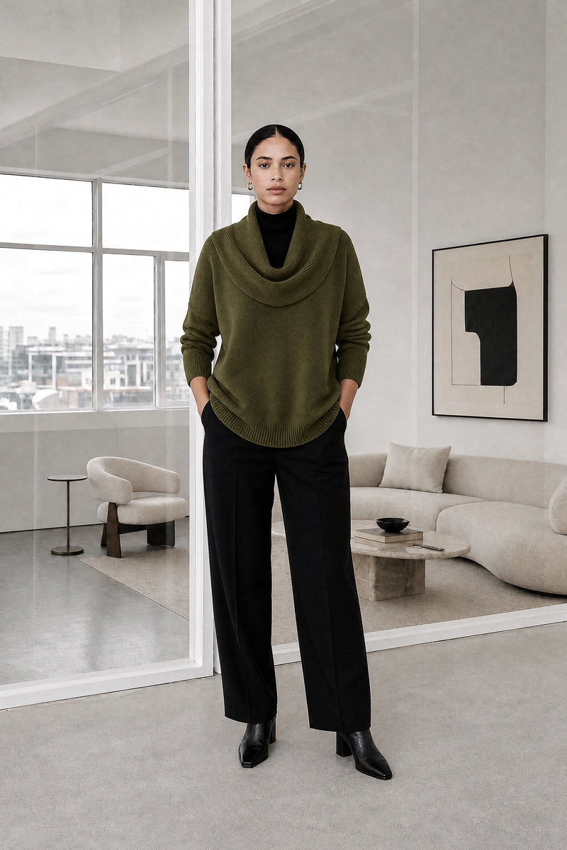 Daria | Cowl Neck Sweater in Army Green, studio front view