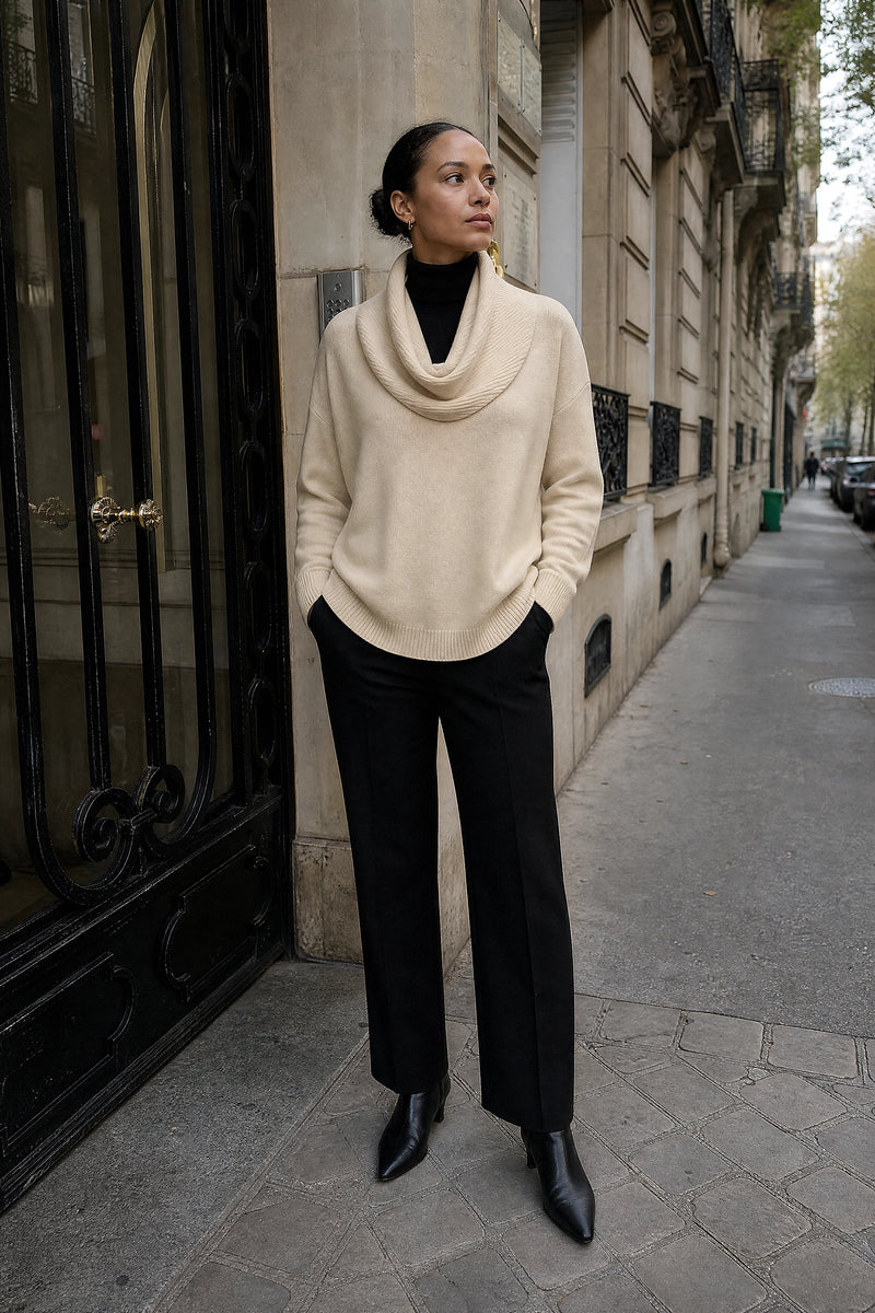 SOFAINE-V7-LIFE-Daria | Cowl Neck Sweater in Beige, street-style view