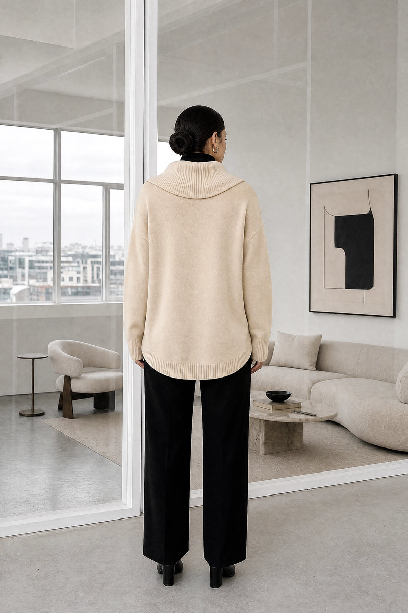 Daria | Cowl Neck Sweater in Beige, studio back view