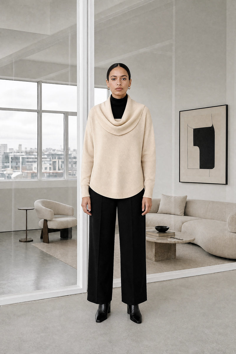 Daria | Cowl Neck Sweater in Beige, studio front view