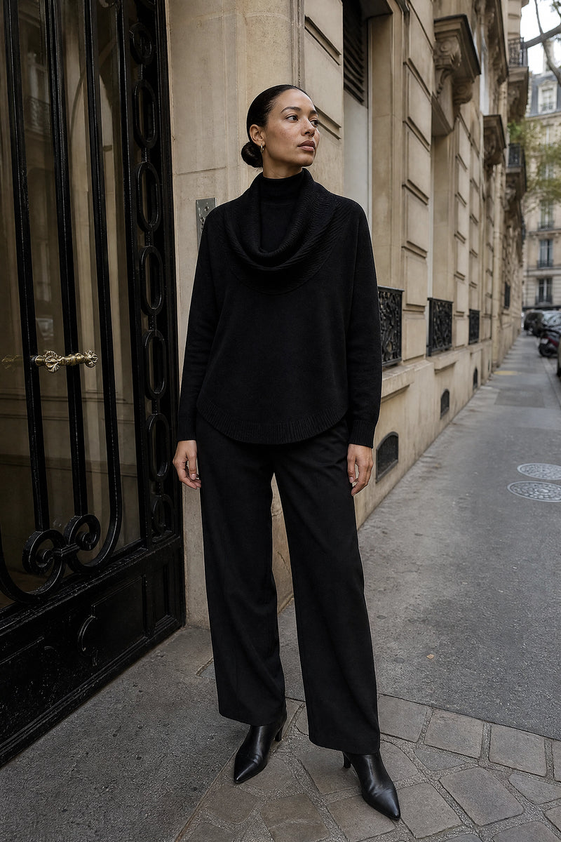 SOFAINE-V7-LIFE-Daria | Cowl Neck Sweater in Black, street-style view