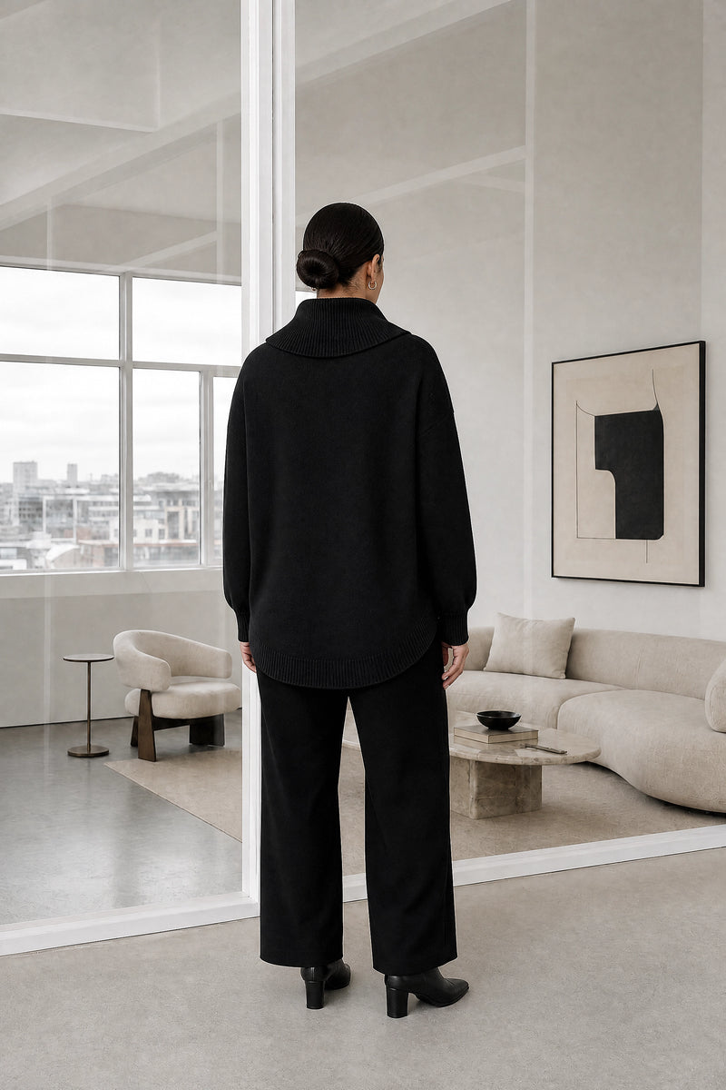 Daria | Cowl Neck Sweater in Black, studio back view