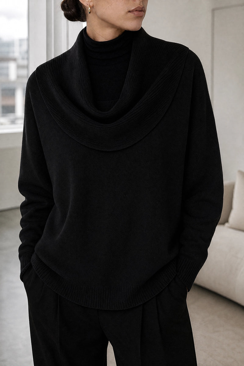 Daria | Cowl Neck Sweater in Black, fabric close-up