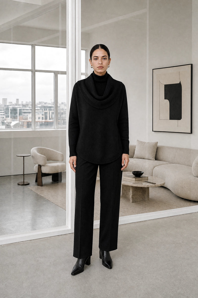 Daria | Cowl Neck Sweater in Black, studio front view