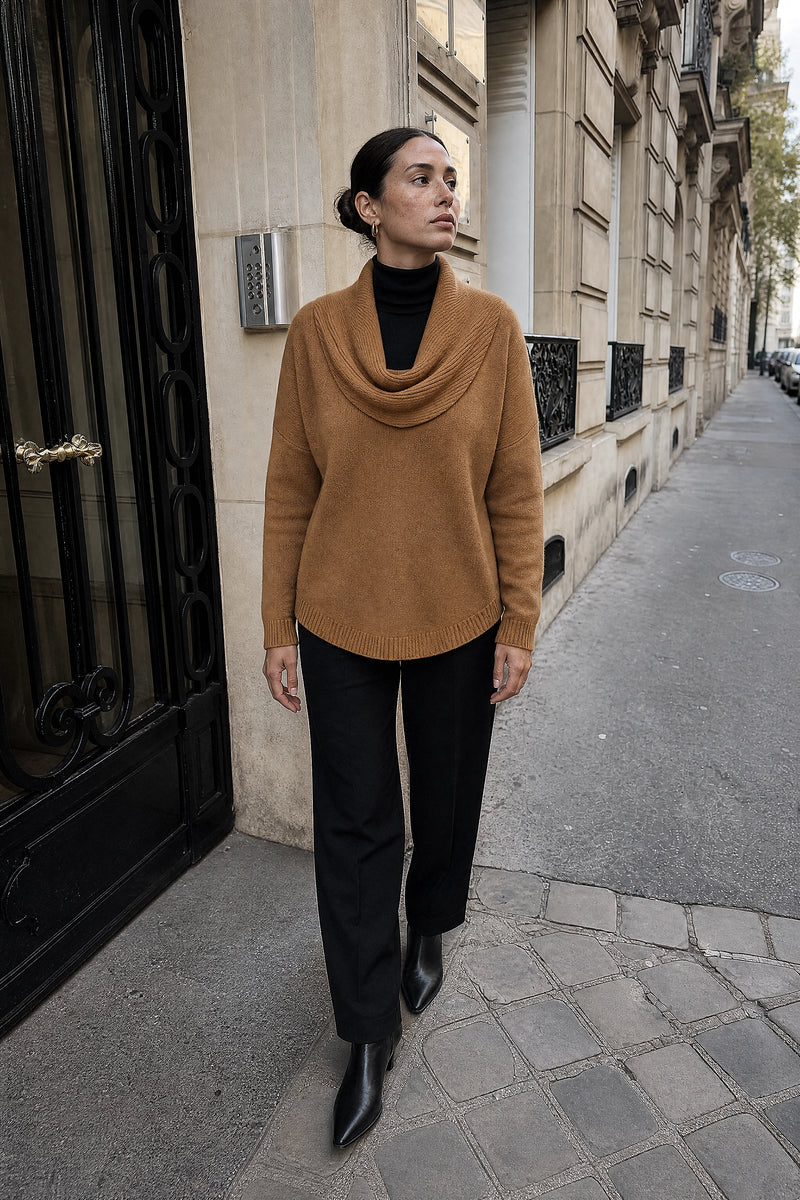 SOFAINE-V7-LIFE-Daria | Cowl Neck Sweater in Brown, street-style view