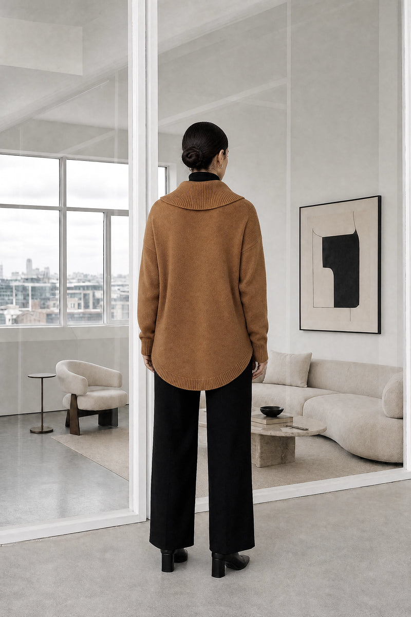 Daria | Cowl Neck Sweater in Brown, studio back view
