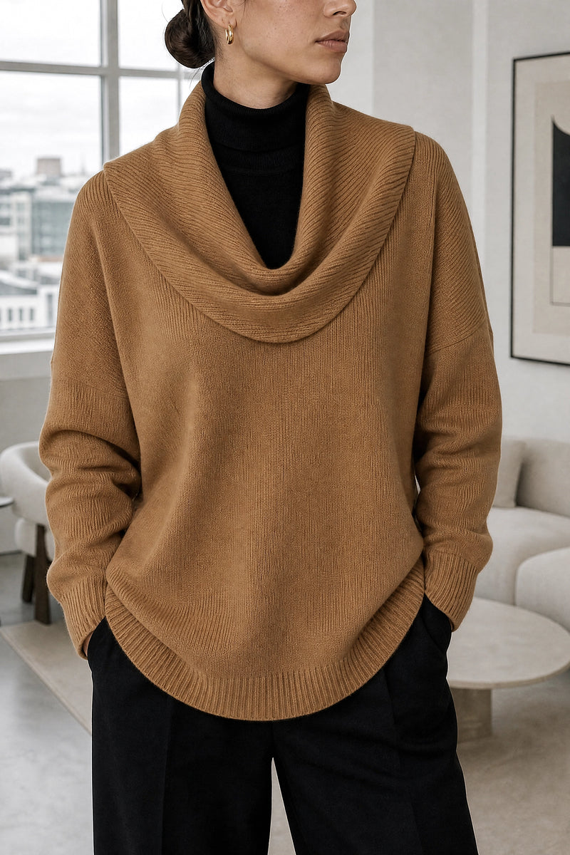 Daria | Cowl Neck Sweater in Brown, fabric close-up