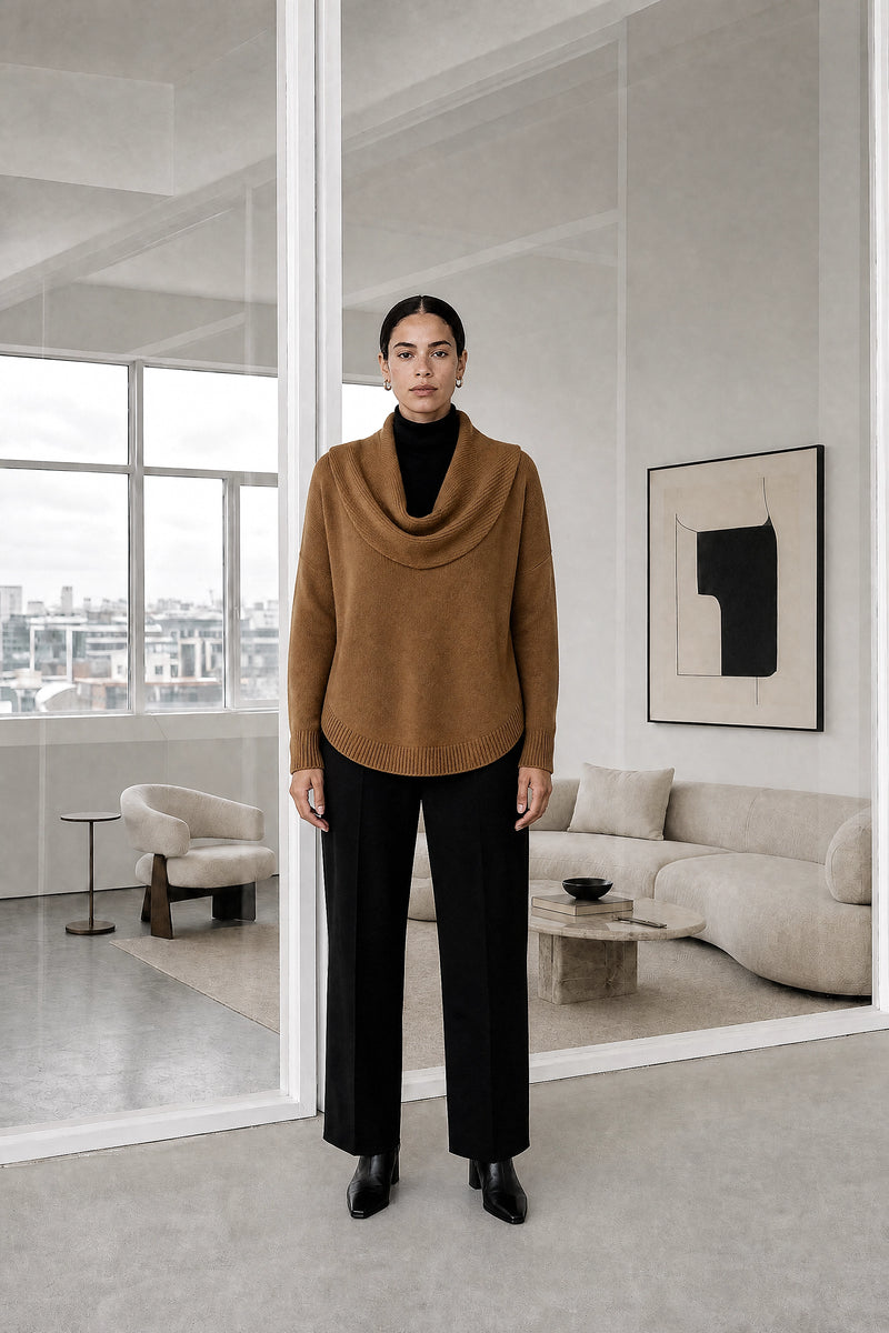 Daria | Cowl Neck Sweater in Brown, studio front view