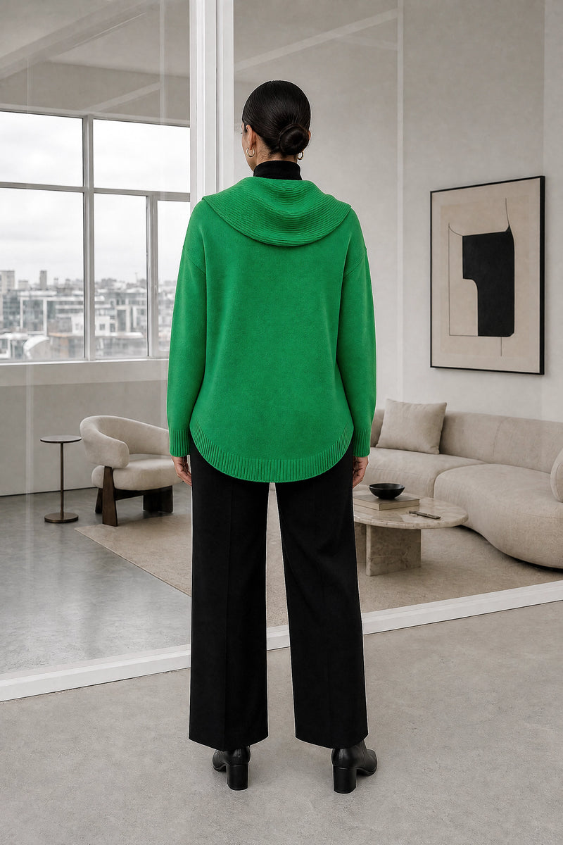 Daria | Cowl Neck Sweater in Green, studio back view