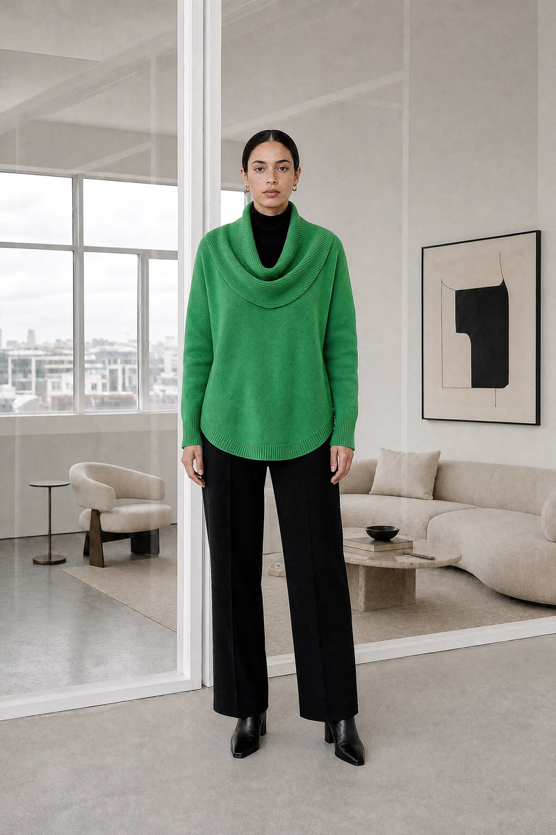 Daria | Cowl Neck Sweater in Green, studio front view