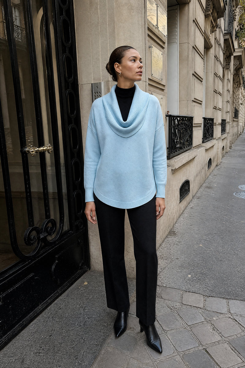 SOFAINE-V7-LIFE-Daria | Cowl Neck Sweater in Light Blue, street-style view