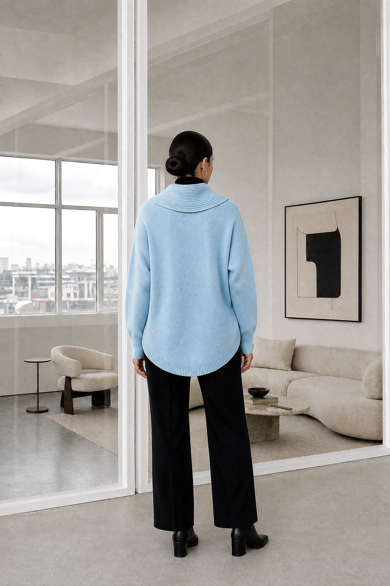 Daria | Cowl Neck Sweater in Light Blue, studio back view