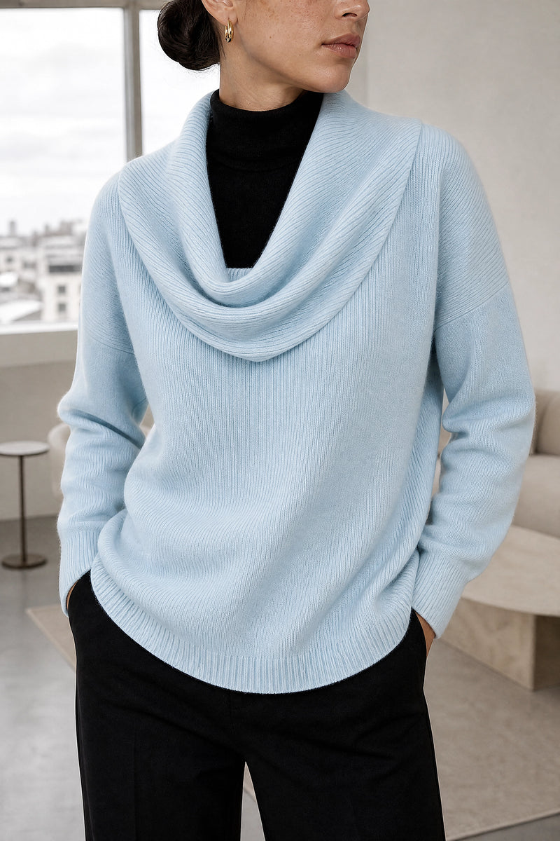Daria | Cowl Neck Sweater in Light Blue, fabric close-up