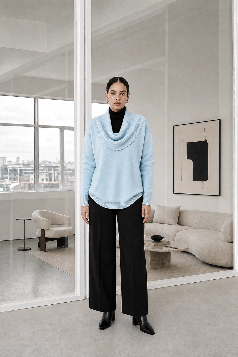 Daria | Cowl Neck Sweater in Light Blue, studio front view