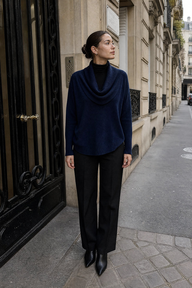 SOFAINE-V7-LIFE-Daria | Cowl Neck Sweater in Navy Blue, street-style view
