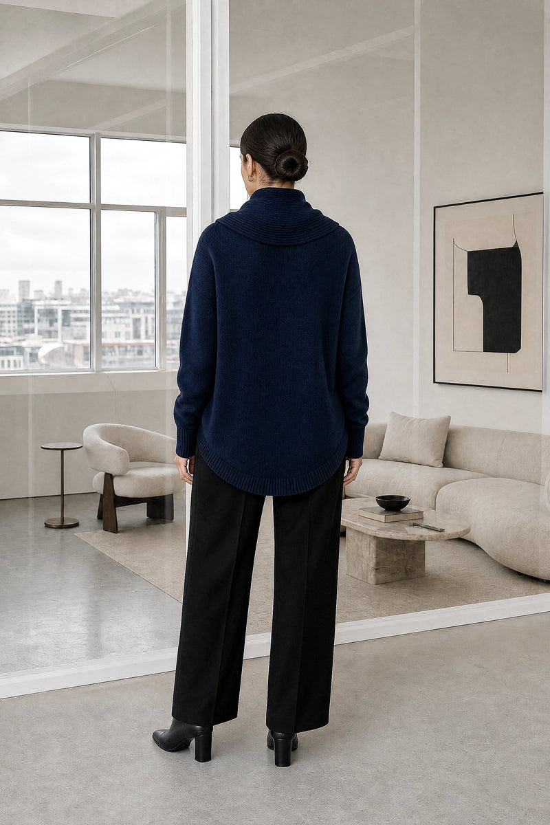 Daria | Cowl Neck Sweater in Navy Blue, studio back view
