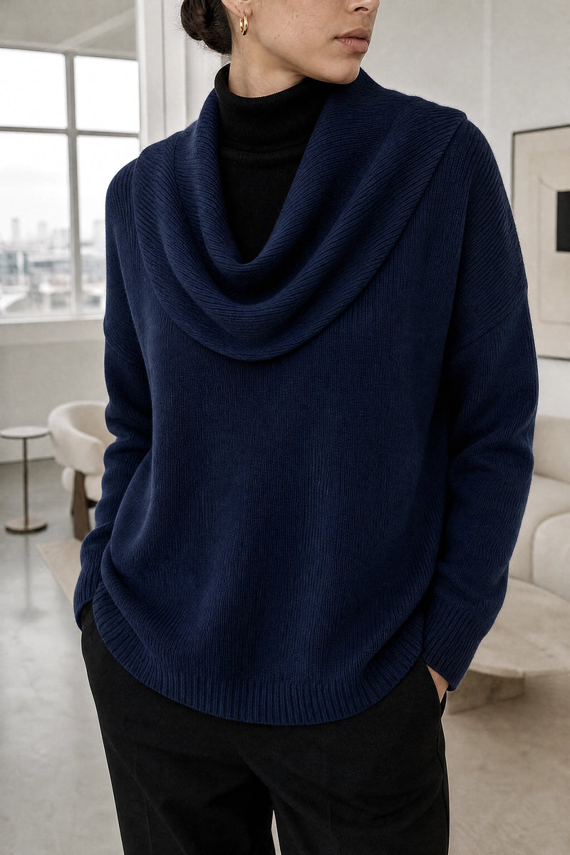 Daria | Cowl Neck Sweater in Navy Blue, fabric close-up