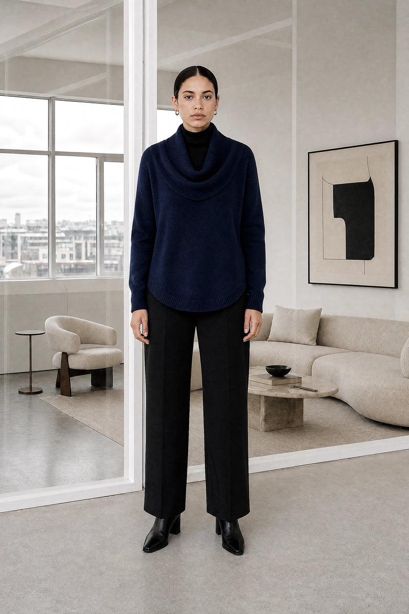 Daria | Cowl Neck Sweater in Navy Blue, studio front view