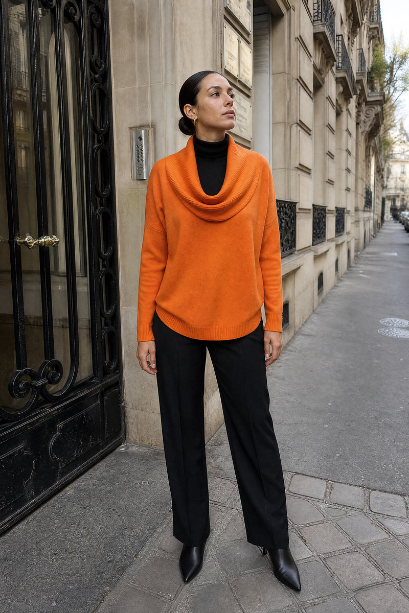 SOFAINE-V7-LIFE-Daria | Cowl Neck Sweater in Orange, street-style view