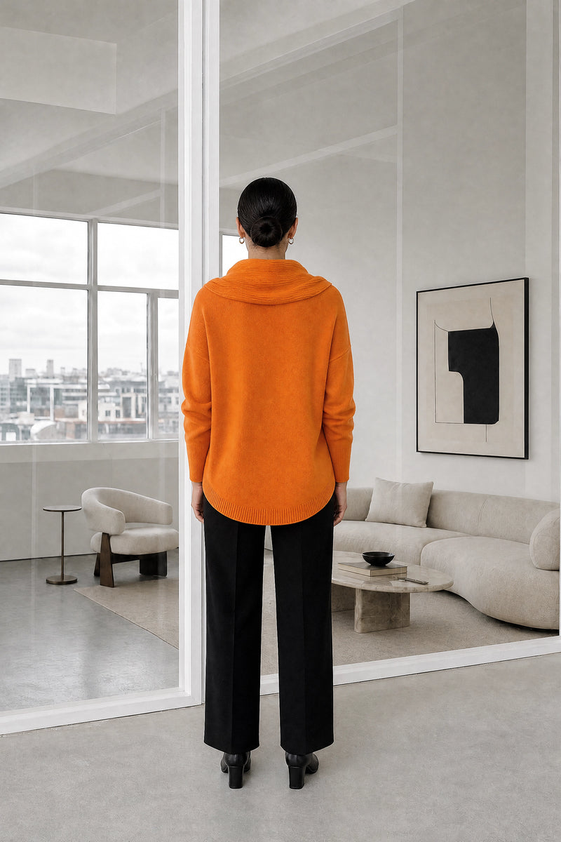 Daria | Cowl Neck Sweater in Orange, studio back view