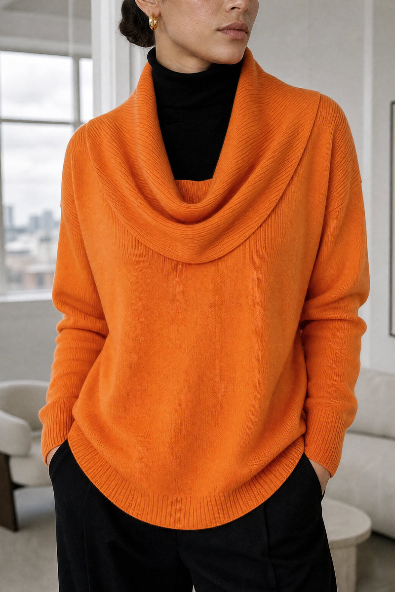 Daria | Cowl Neck Sweater in Orange, fabric close-up