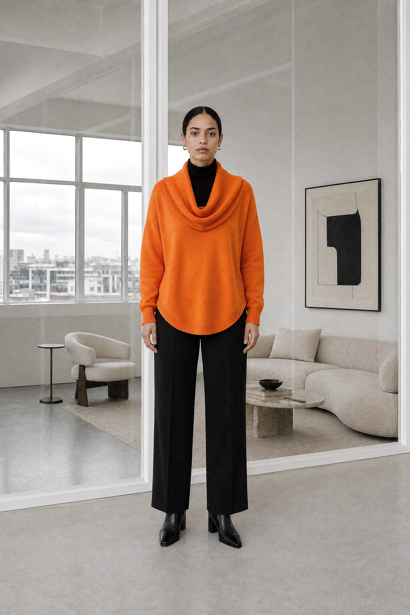 Daria | Cowl Neck Sweater in Orange, studio front view