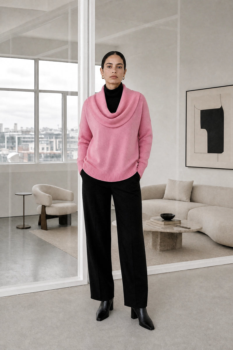 Daria | Cowl Neck Sweater in Pink, studio front view