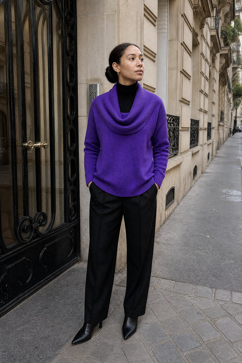 SOFAINE-V7-LIFE-Daria | Cowl Neck Sweater in Purple, street-style view