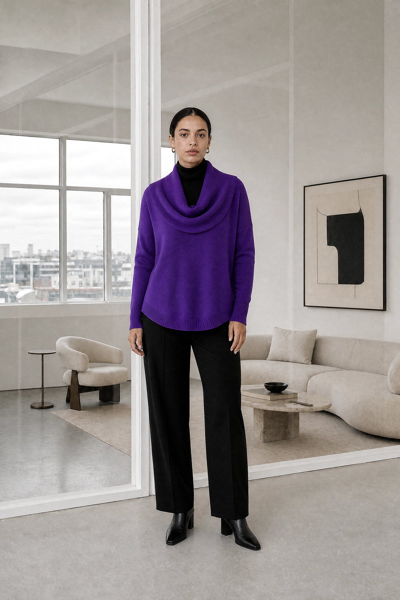 Daria | Cowl Neck Sweater in Purple, studio front view