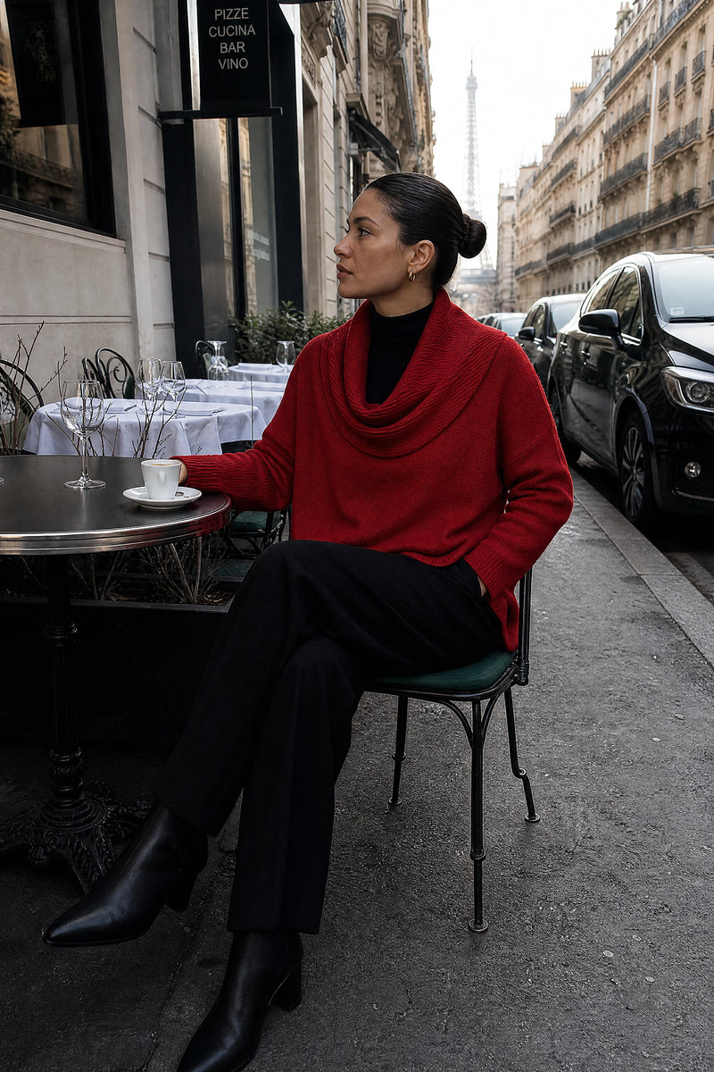 SOFAINE-V7-LIFE-Daria | Cowl Neck Sweater in Red, café scene