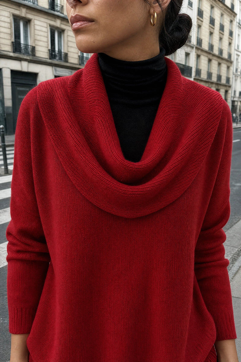 SOFAINE-V7-LIFE-Daria | Cowl Neck Sweater in Red, detail close-up