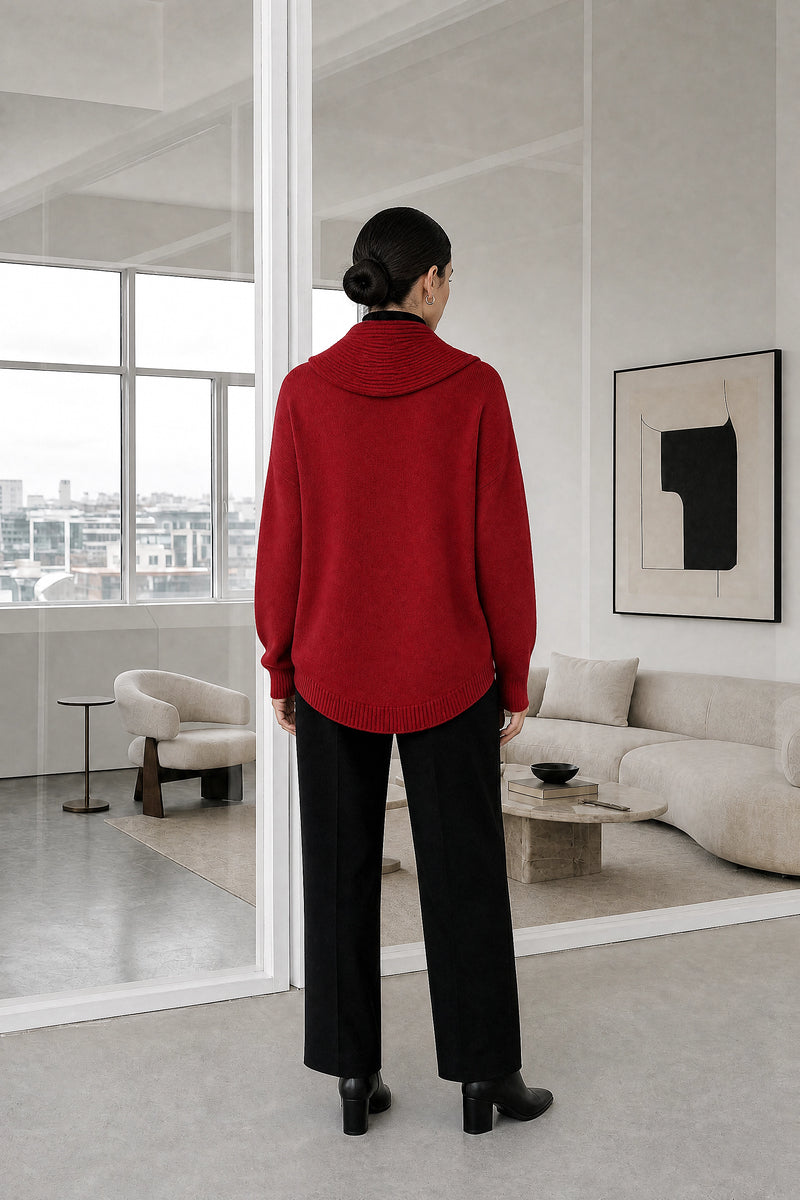 Daria | Cowl Neck Sweater in Red, studio back view