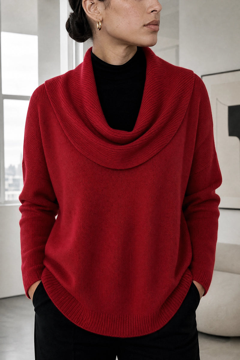 Daria | Cowl Neck Sweater in Red, fabric close-up