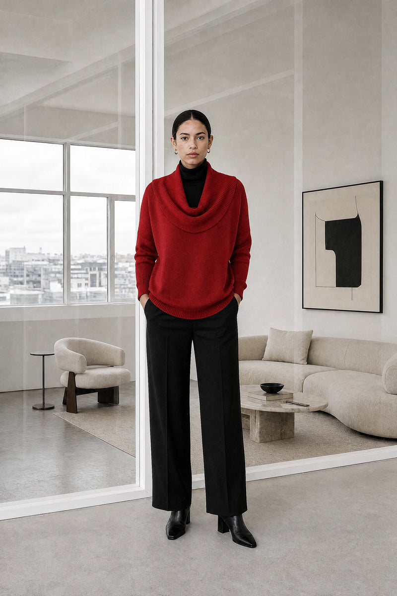 Daria | Cowl Neck Sweater in Red, studio front view