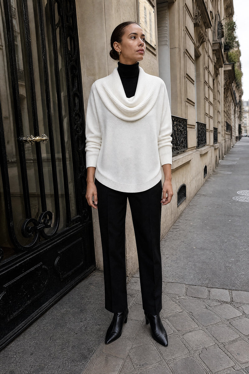 SOFAINE-V7-LIFE-Daria | Cowl Neck Sweater in White, street-style view