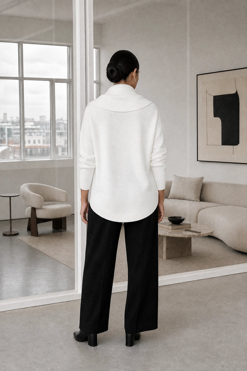 Daria | Cowl Neck Sweater in White, studio back view