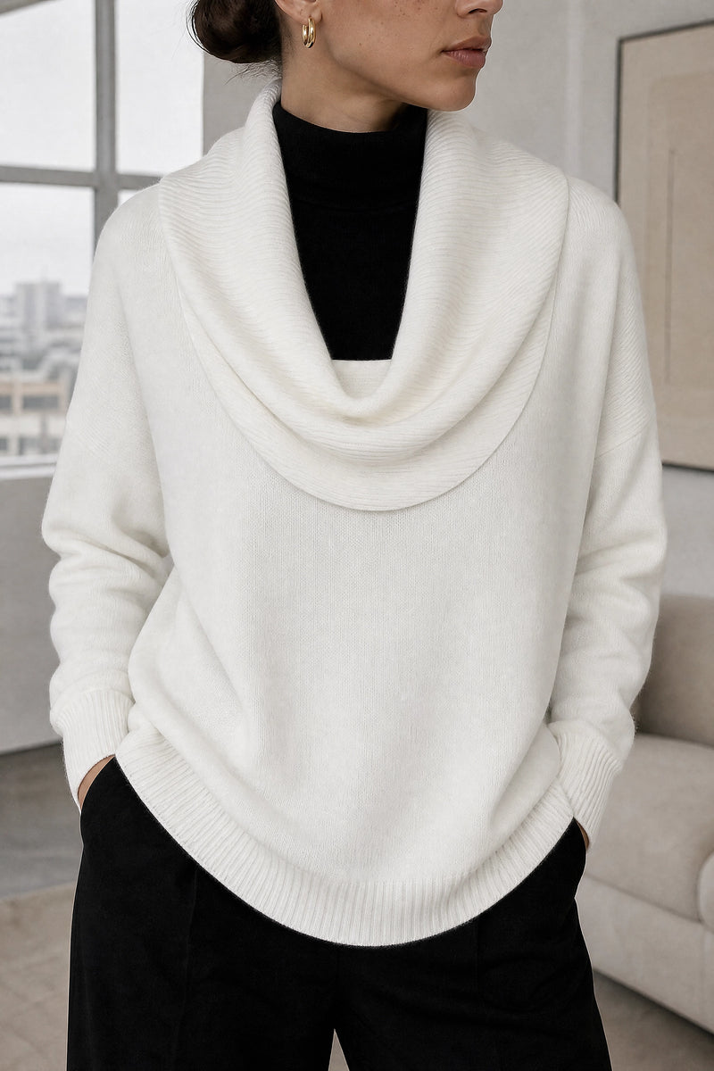 Daria | Cowl Neck Sweater in White, fabric close-up
