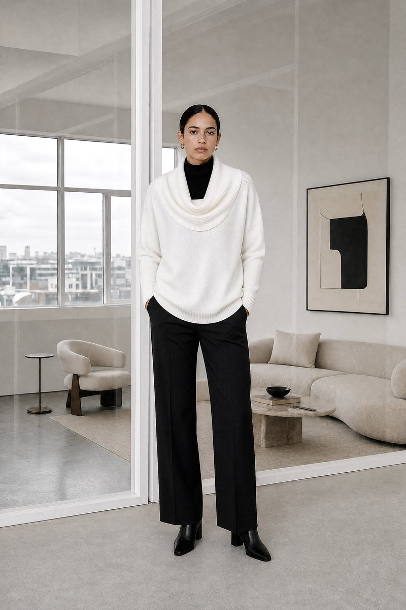 Daria | Cowl Neck Sweater in White, studio front view