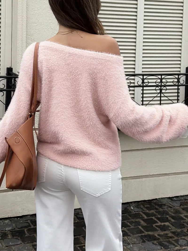 Fuzzy Off the Shoulder Sweater for Women with Wide Boat Neck in Pink, back view