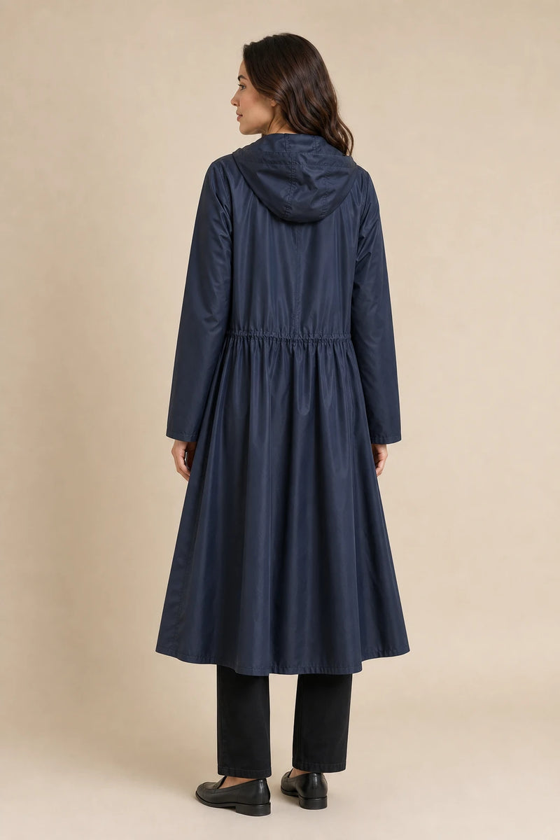 Gretchen | Hooded Zip-Up Coat in Dark Blue, studio back view