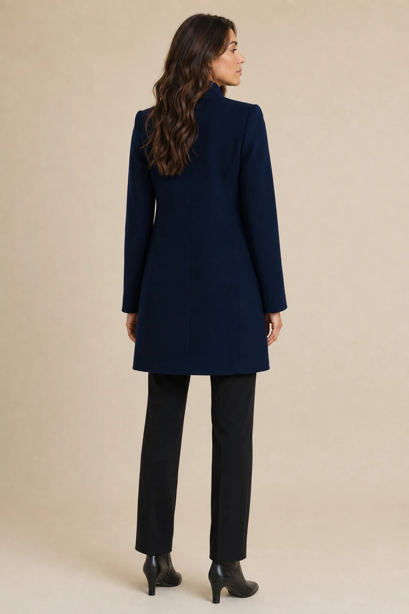 Cordelia | Wool-Feel Overcoat in Dark Blue, studio back view