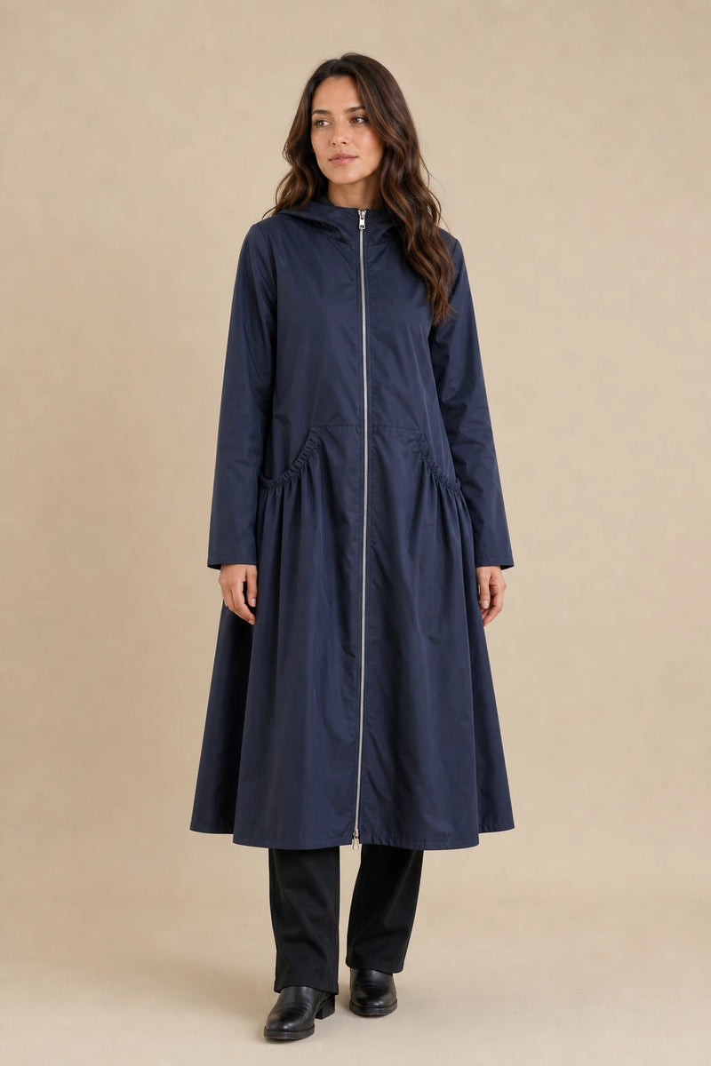 Gretchen | Hooded Zip-Up Coat in Dark Blue, studio front view