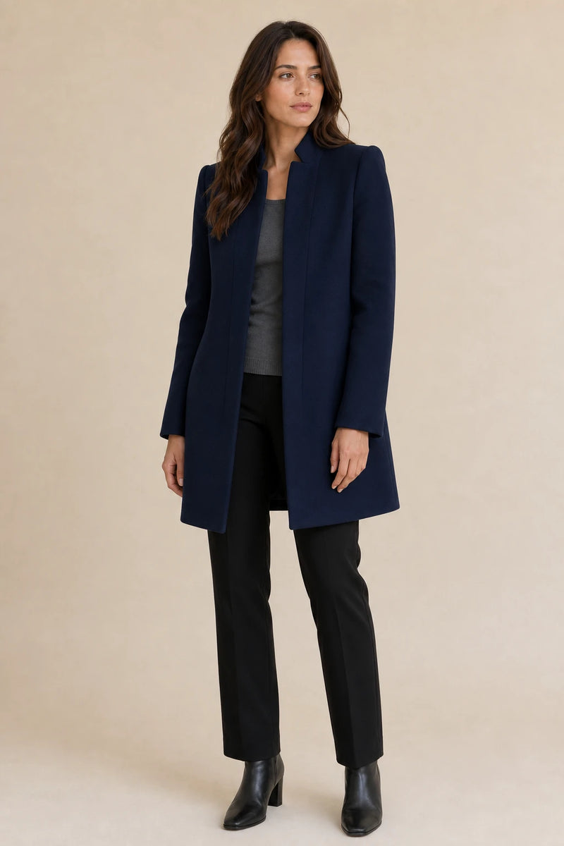 Cordelia | Wool-Feel Overcoat in Dark Blue, studio front view
