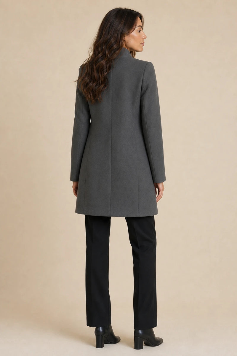 Cordelia | Wool-Feel Overcoat in Dark Grey, studio back view