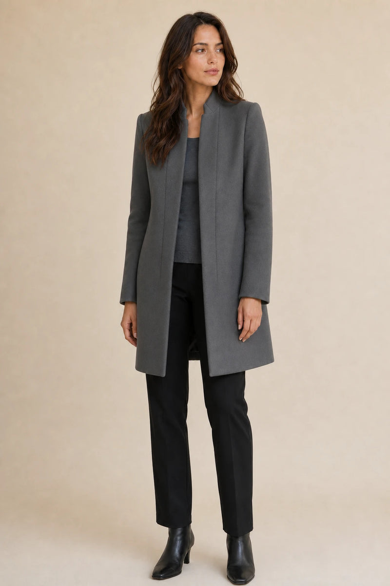 Cordelia | Wool-Feel Overcoat in Dark Grey, studio front view