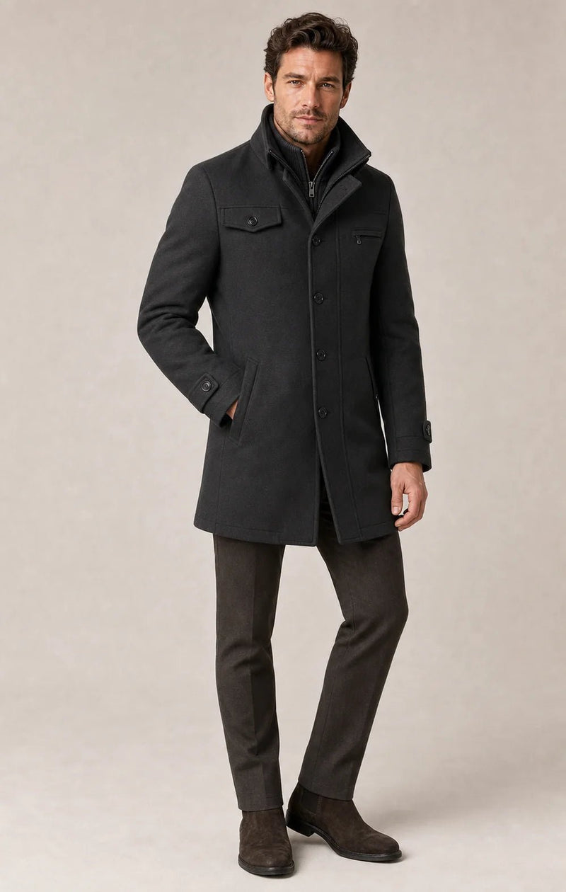 Sofaine David funnel-neck winter coat in charcoal with layered zip collar, worn front view