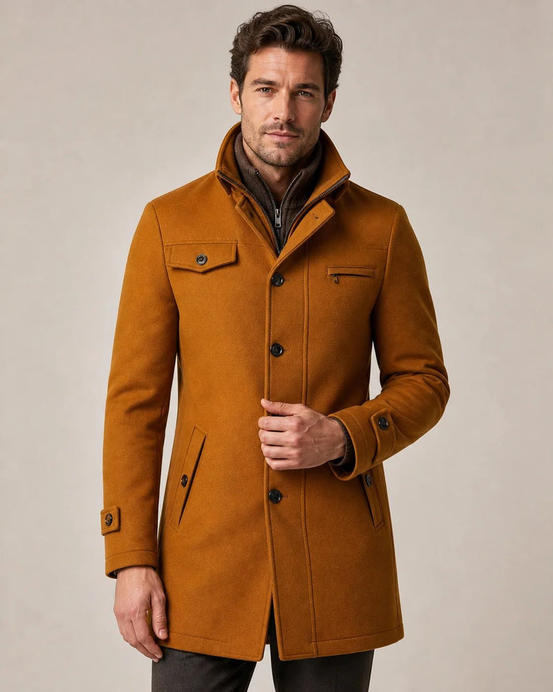 Sofaine David funnel-neck winter coat in cognac brown with layered knit collar, worn front view