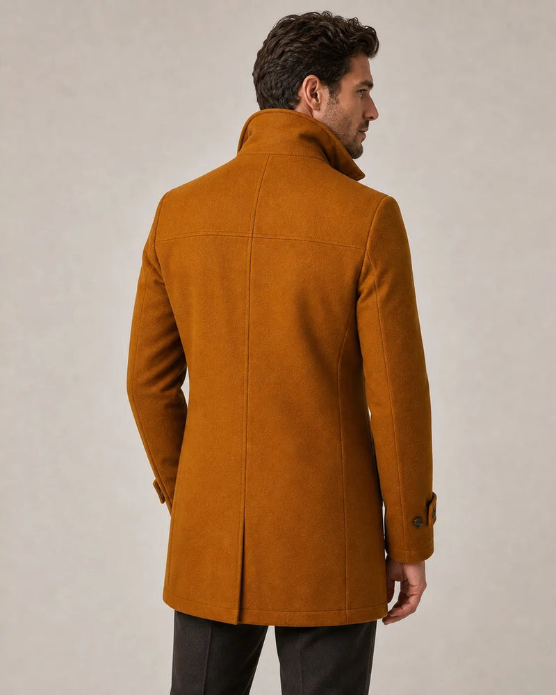 Sofaine David funnel-neck winter coat in cognac brown, back view